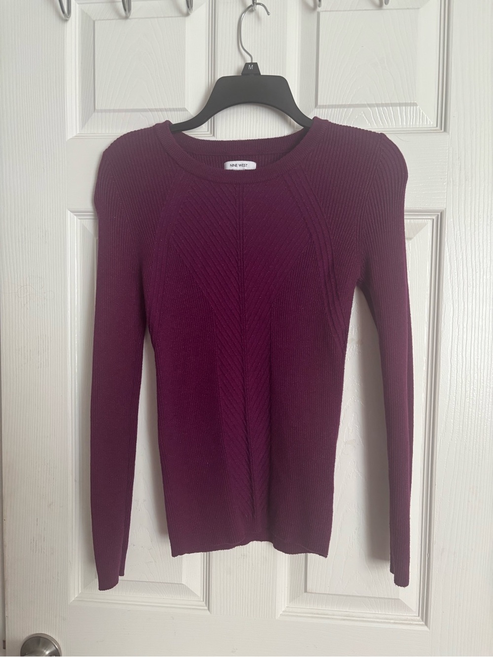 Nine West Plum Ribbed Crewneck Long Sleeve Top